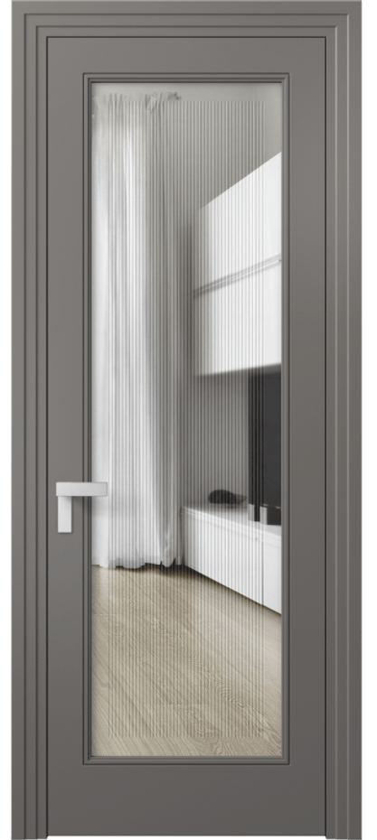 Межкомнатная дверь Рокка 8300 Матовый классический серый Прозрачное стекло с гравировкой "Каннелюры", триплекс Цена 85599 ₽ | Volhovec