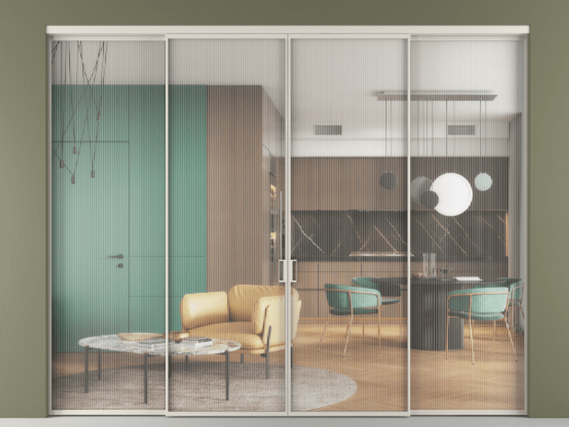 Перегородка Формато внутри проёма 4 створки АЛПР 040.01 Алюминий облачно-серый Рифлёное стекло "Мору", триплекс Цена 329900 ₽  | Volhovec