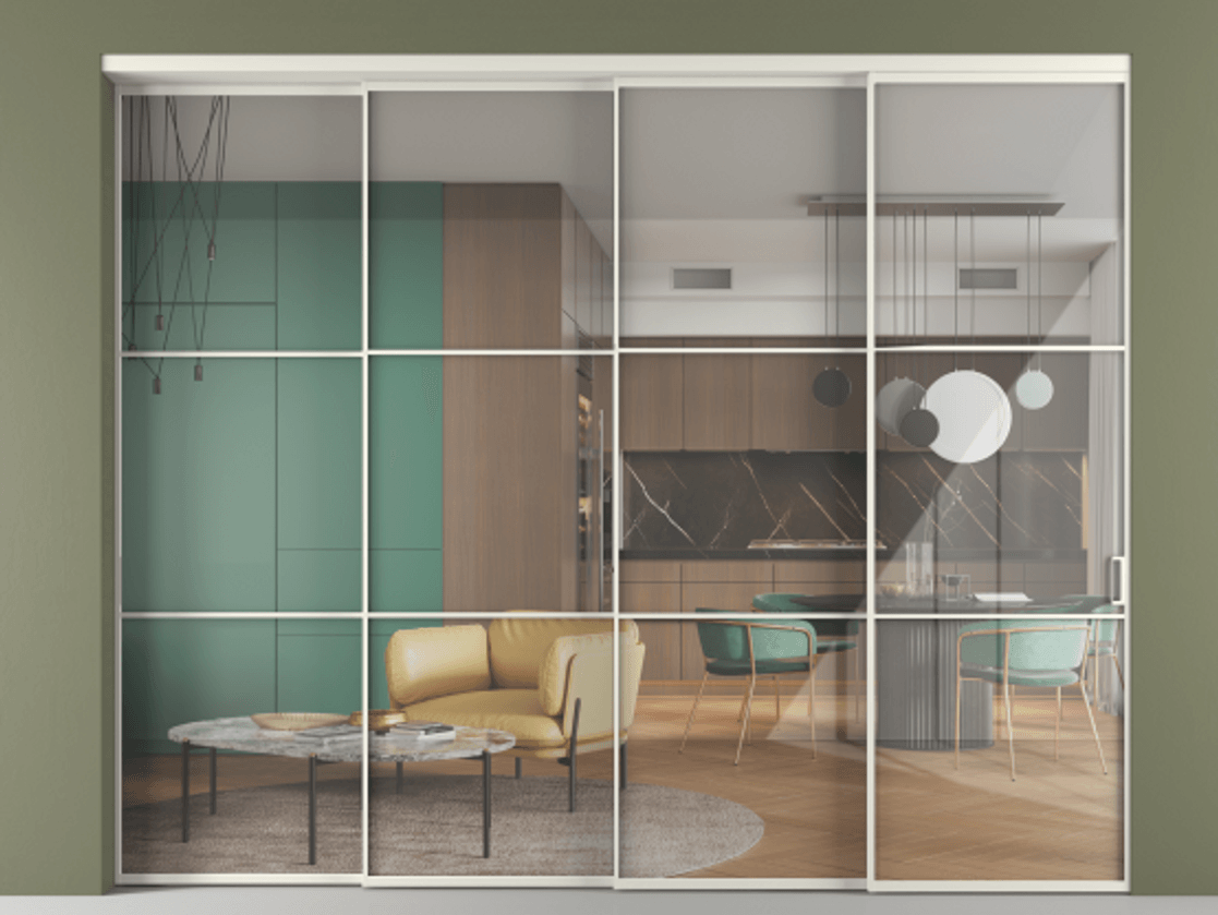 Перегородка Формато внутри проёма 4 створки с синхронным механизмом АЛПР 040.03 Алюминий Белый Рефлективное прозрачное стекло "Стопсол", калёное. Скрытый короб БЕЛ Цена 551500 ₽ 1. Полотно 4 шт. (800/2100 мм)
2. Комплект установки раздвижной системы
3. Базовый комплект фурнитуры
4. Комплект фурнитуры телескопик синхро-3
5. Ручка Рондо. Фабрика дверей Волховец 8 (800) 551 43 19 Перегородка Формато внутри проёма 4 створки с синхронным механизмом АЛПР 040.03 Алюминий Белый Рефлективное прозрачное стекло "Стопсол", калёное Цена 551500 ₽ | Volhovec