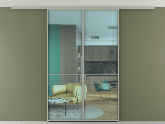 Алюминевая перегородка АЛПР 040.02_АНСР_ПРОЗ ГОЛ_new. Цвет Алюминий нейтральный серый. Материал Алюминий в эмали. Коллекция Перегородка Формато вдоль стены на потолок 2 створки. Картинка.