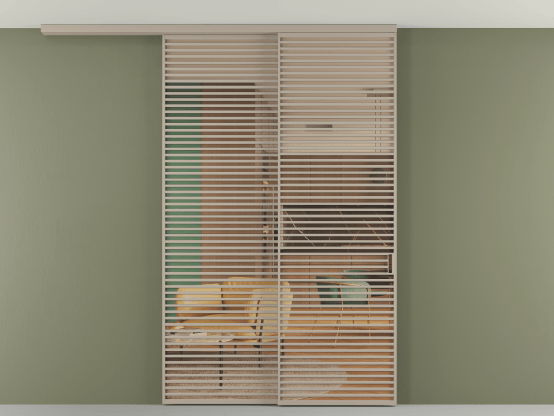 Алюминевая перегородка АЛПР 040.07_АБСК_ПРОЗ ОРАНЖ_new. Цвет Алюминий бисквитный. Материал Алюминий в эмали. Коллекция Перегородка Формато вдоль стены на потолок 2 створки с синхронным механизмом. Картинка.