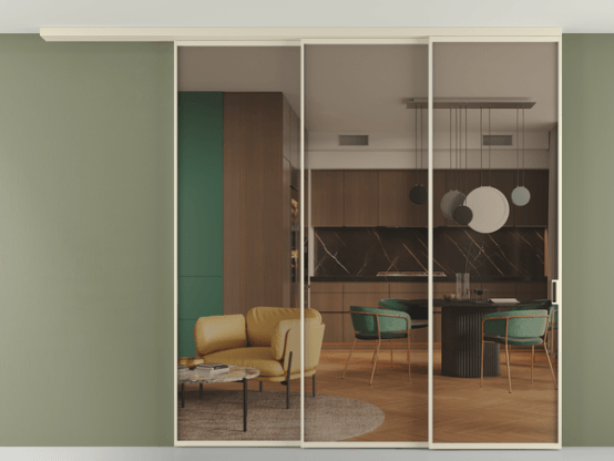 Алюминевая перегородка pv3_01_ Алюминий бежево-серый Бронза прозрачное. Цвет Алюминий бежево-серый. Материал Алюминий в эмали. Коллекция Перегородка Формато вдоль стены на потолок 3 створки с синхронным механизмом. Картинка.