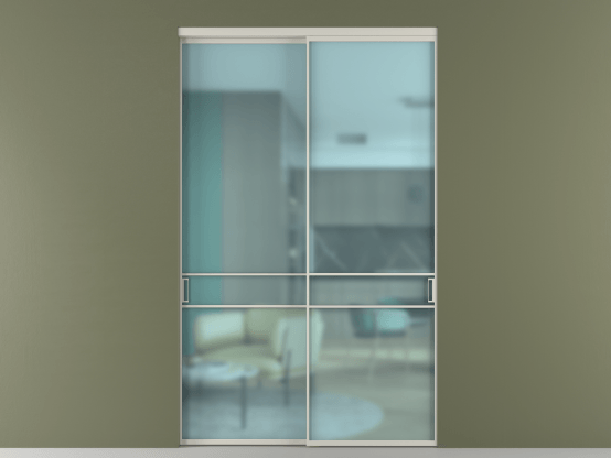 Алюминевая перегородка vn2_02_ Алюминий тёплый серый Сатинированное голубое стекло, триплекс, 6мм. Цвет Алюминий тёплый серый. Материал Алюминий в эмали. Коллекция Перегородка Формато внутри проёма 2 створки. Картинка.